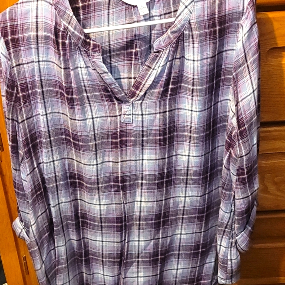 3/4 sleeve plaid purple blouse